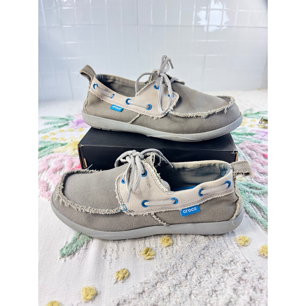 Crocs Beach Line Boat Shoes Mens 9 Gray Khaki Canvas Frayed Loafers 15366